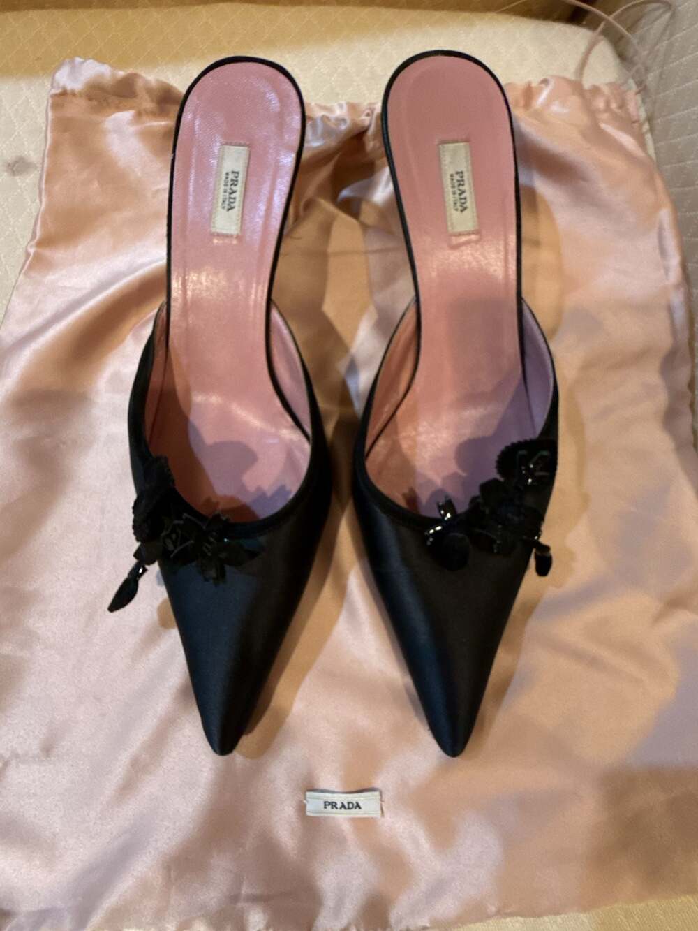 Prada Black Satin Kitten Heel Mules with Floral Accents
